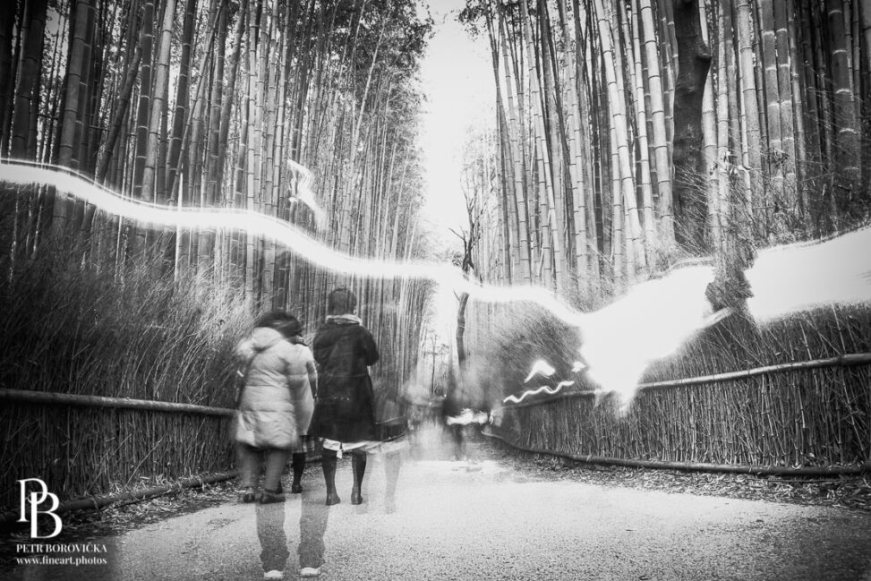 High contrast black and white abstract view of small, silhouetted figures walking among the towering, dense stalks of the Arashiyama bamboo grove.