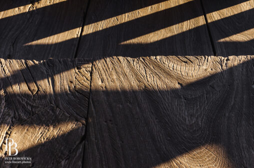 Warm sunlight and deep geometric shadows cast across the textured, 500-year-old wooden floorboards of Senjokaku hall in Miyajima.